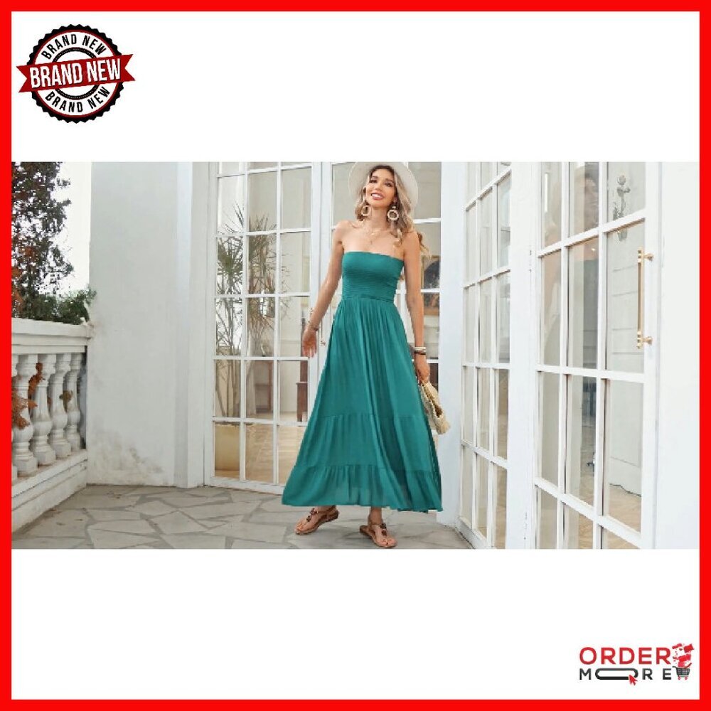 Cotton Strapless Maxi Dress Smocked Top Flowy Boho Summer Beach - Picture 8 of 8